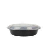 YOCUP 48 oz 9" Black Microwavable Round Flat Bowl With Clear Lid Combo - 150/Case