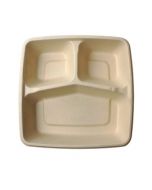 YOCUP 45oz 9"X9"X1.85" 3-compt Compostable Bagasse Square Food Tray, PFAS-Free, 33g/pc, Natural/Tan - 300pcs/cs (6bags/50pcs)