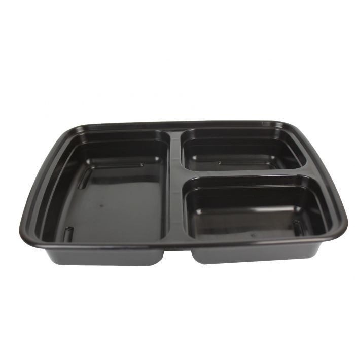 90 Pack] 3 Compartment Black Disposable Container with Lids, Meal