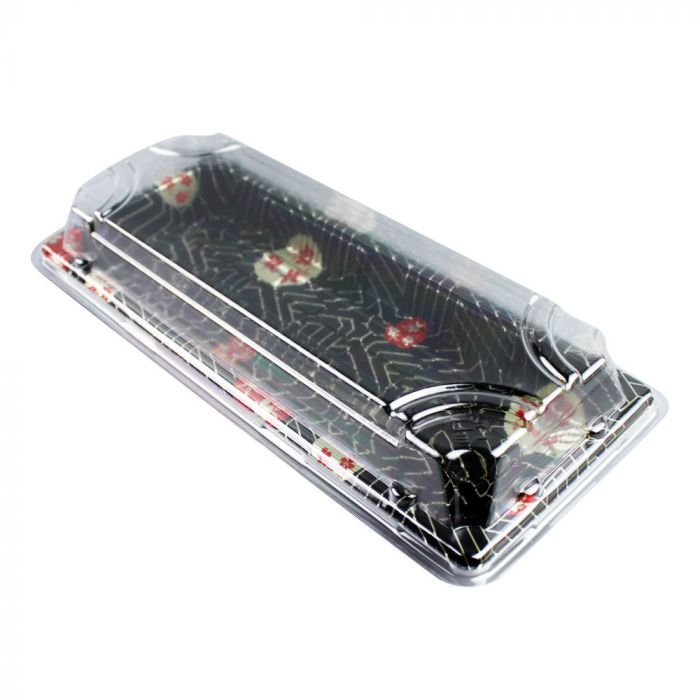 Yocup Company: Yocup Size 01 Sakura Pattern Sushi Tray w/Clear Lid Combo  (8.75 x 3.63 x 1.7) - 1 case (600 set)