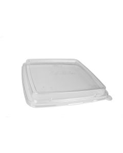 YOCUP Clear Plastic PET Flat Top  Lid (225mm rim) with No Hole for 32oz Compostable Bagasse Square Food Tray - 300/cs (6/50)