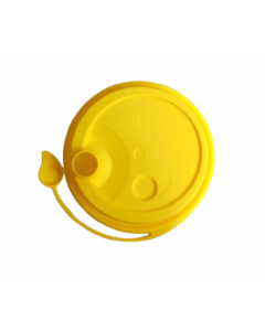YOCUP Yellow Plastic Low Dome Lid with Attached Stopper for Premium PP Cup (90mm Rim), Style 1 - 1000/cs (20/50)