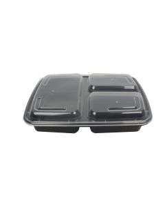 39 oz. 3 Compartment Black Rectangular Plastic Take-Out Container w/ Clear Lid - 150 sets