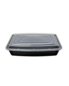 YOCUP 48 oz Black Rectangular Plastic Take Out Container w/ Clear Lid Combo (10.2" x 6.6" x 2.4") - 150 sets/cs (300 pcs)