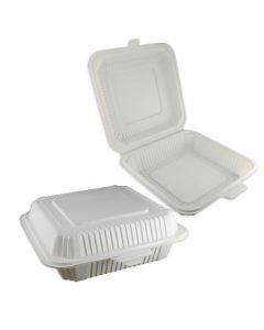 Yocup 9" x 9" x 3" Beige Eco-Friendly Cornstarch Hinged-Lid Take Out Container - 1 case (150 piece)