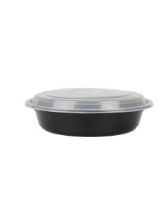 Yocup 48 oz 9" Black Microwavable Round Flat Bowl with Clear Lid Combo - 1 case (150 set)