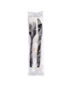 YOCUP 5 PC Individually Wrapped Cutlery Kit, 7" Black Fork/7.5"Knife/White Napkin/Salt/Pepper - 1 case (250 piece)