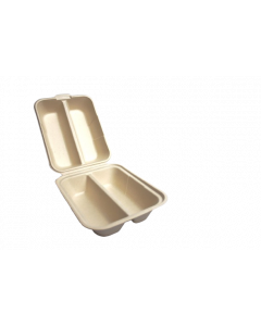 YOCUP 2-Compt Compostable Bagasse Taco Box (5.9" x 7.4" x 3.2" ), PFAS-Free, Kraft, - 300/case (6/50)