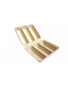 YOCUP 3-Compt Compostable Bagasse Taco Box (8.25" x 7.4" x 3.2" ), PFAS-Free, Kraft, - 300/case (6/50)
