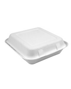 Yocup 8" x 8" x 2.5" White Compostable Sugarcane / Bagasse Hinged-Lid Take Out Container - 1 case (200 piece)