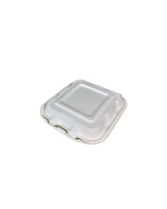 Yocup 8" x 8" x 3" - 1 Compt Compostable Bagasse Hinged-Lid Container, White - 1 case (200 piece)