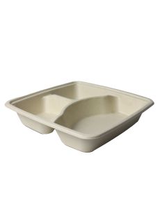 YOCUP 32oz 9"x9"x2" 3 compt Compostable Bagasse Square Food Tray, Natural/Tan - 400/Case