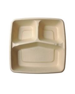YOCUP 45oz 9"X9"X1.85" 3-compt Compostable Bagasse Square Food Tray, PFAS-Free, 33g/pc, Natural/Tan - 300pcs/cs (6bags/50pcs)