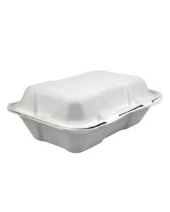 YOCUP 9" x 6" 1 compt Compostable Bagasse Hinged Lid Container, PFAS-Free, 30g/pc, White - 200/cs(4bags/50pc)