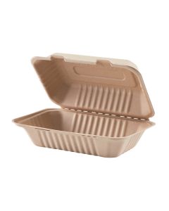 YOCUP 9" x 6" x 3" Kraft 1-Compt Compostable Bagasse Hinged-Lid Container, PFAS-Free, - 200/case(4/50)