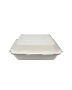 YOCUP 9" x 9" x 3" 3-compt Compostable Bagasse Hinged-Lid Container, White - 200/cs(4/50)