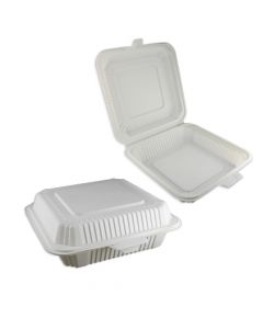 Yocup 8" x 8" x 2.75" Beige Eco-Friendly Cornstarch Hinged-Lid Take Out Container - 1 case (150 piece)