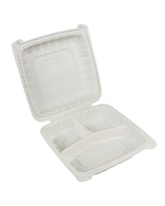 Yocup 9'' x 9" x 2 3/4" - 3 Compt Clear PP Plastic Hinged-Lid Container - 1 case (150 piece)