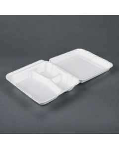 TL 8'' x 8" x 2.5" White 3-Compartment Foam Hinged-Lid Take Out Container - 1 case (200 piece)