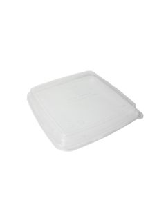 YOCUP Clear PET Flat Top Dome Lid (225mm rim) for 32oz 9' x 9' x 2' Compostable Bagasse Food Tray, No Hole  - 400/cs (8/50)